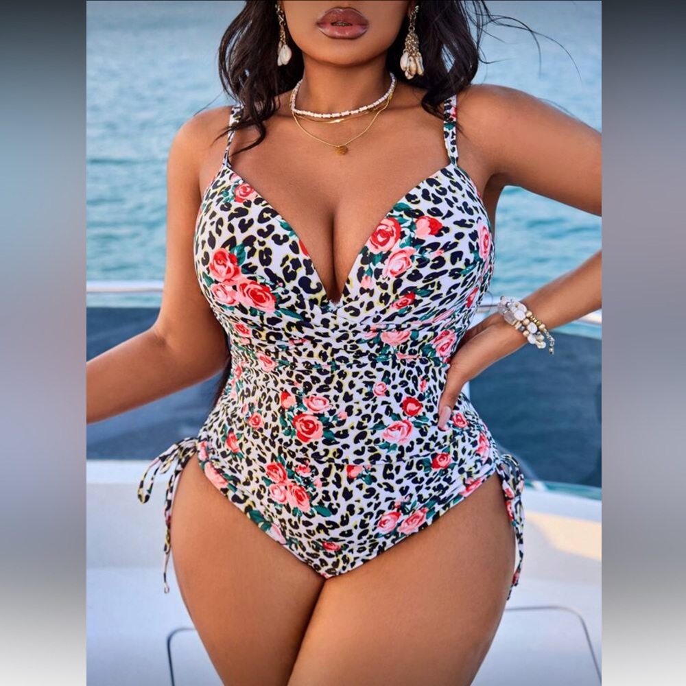 Floral Leopard Print Deep V One-Piece Swimsuit Push Up Cup Plus Size 14